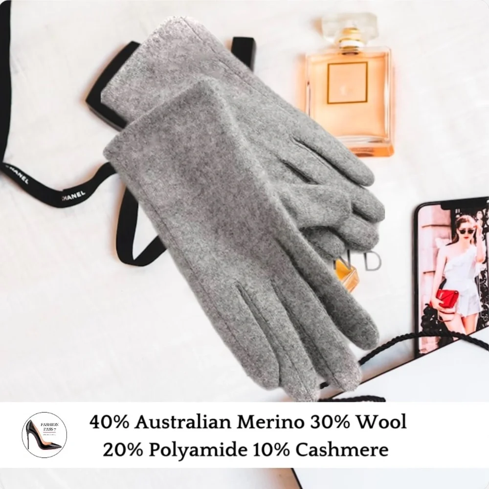 Luxury Cashmere Merino Wool Gloves Classic Gray Winter Mittens Fleece inside